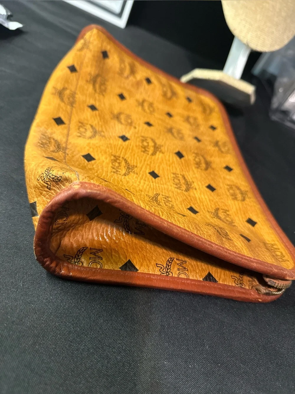MCM Visetos Monogram Zip Clutch/Crossbody Cognac Brown Black W/ COA